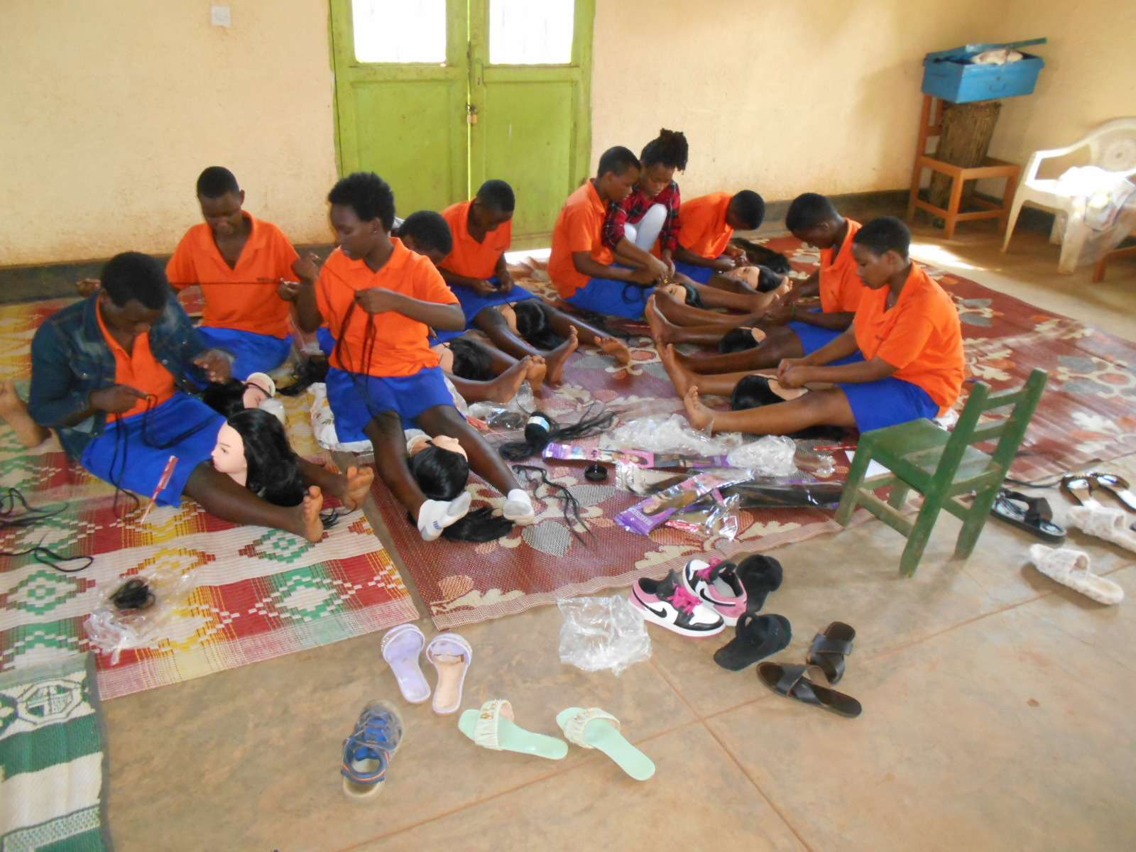 children are learning hairdressing in the church 
